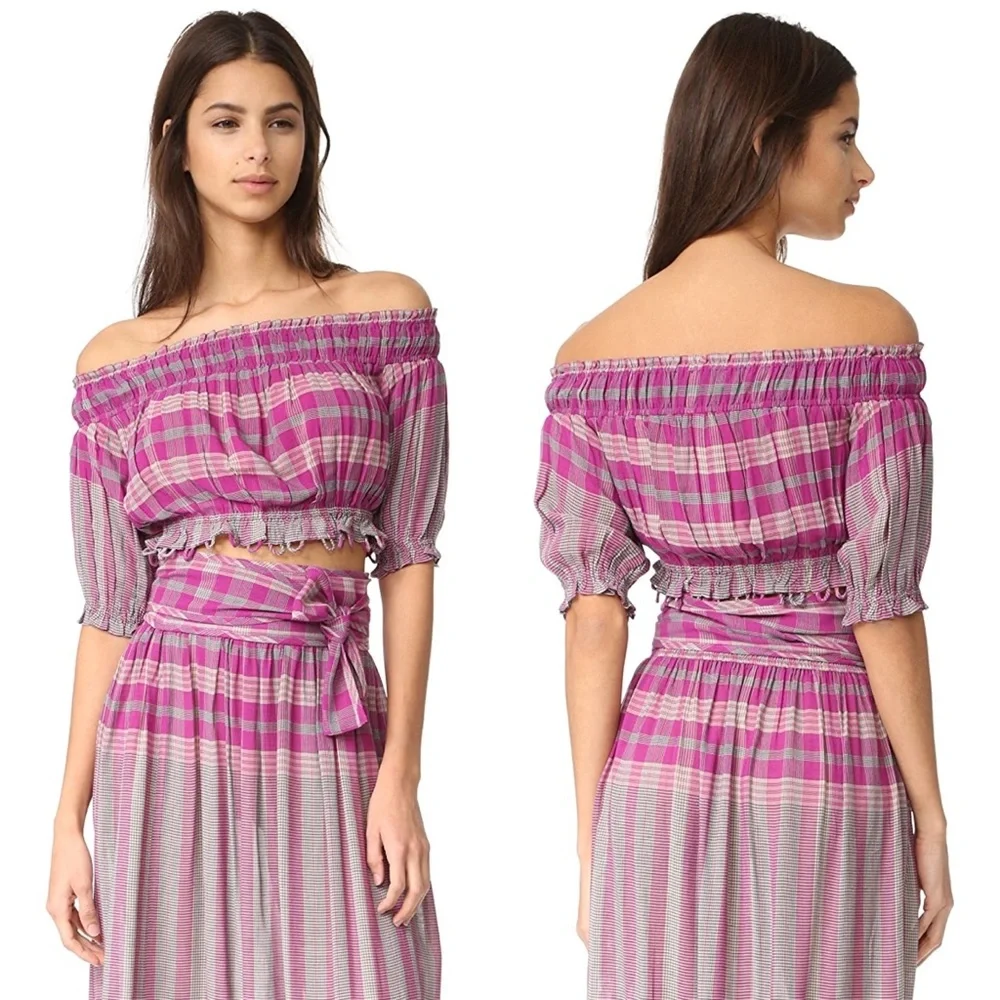 FULL SET Matching Set Apiece Apart Plaid Midi Skirt & Off the Shoulder Crop Top